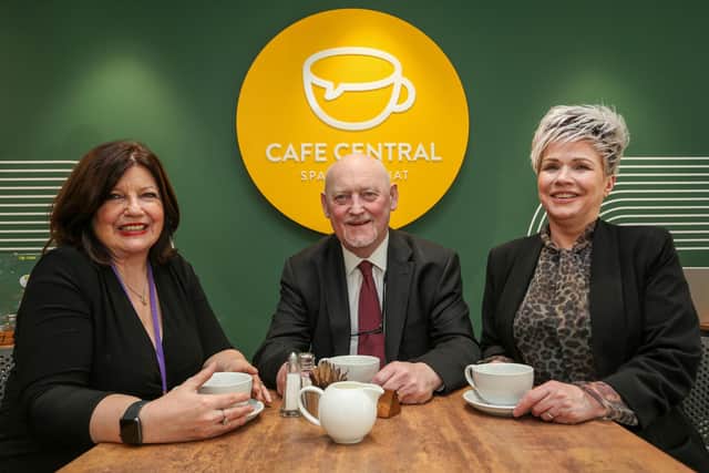 Marie Brown, Chief Executive of Foyle Women’s Aid and the Foyle Family Justice Centre, pictured with District Judge Barney McElholm and Patricia Breslin, Foyle Women’s Aid at the launch of social enterprise, Café Central, in Bishop Street.  Income generated from the café will support Foyle Women’s Aid, who have received almost one thousand referrals this year.