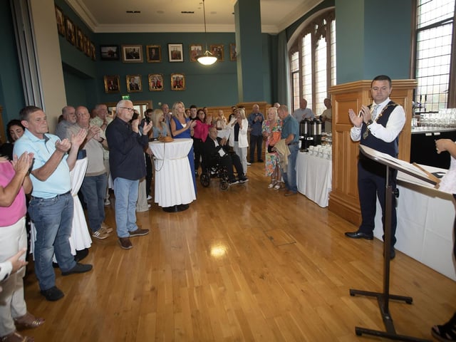 Councillor Sandra Duffy gets a round of applause after speaking at Friday evening's mayoral reception for the committee of the Eamonn 'Bronco' Bradley Football Tournament in recognition of their 40th anniversary celebrations. : .