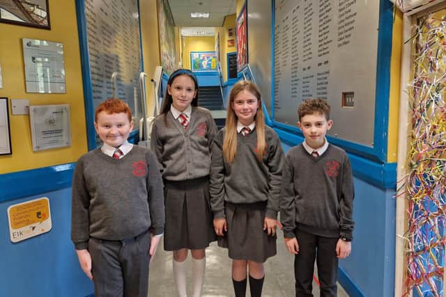 P7 pupils Conor O'Reilly, Jessica Doherty, Eve Doherty and Cian Sweeney