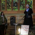 Anita Villa, Alliance for Choice Derry, speaking at a rally held at Guildhall square on Friday evening in a protest at violence against women and girls following the recently reported rape of a woman in the city. Photo: George Sweeney