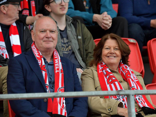 Mayor Patricia Logue and husband James pictured at Derry City’s Europa Conference game against KuPs FC at the Brandywell on Thursday evening. Photo: George Sweeney. DER2330GS -