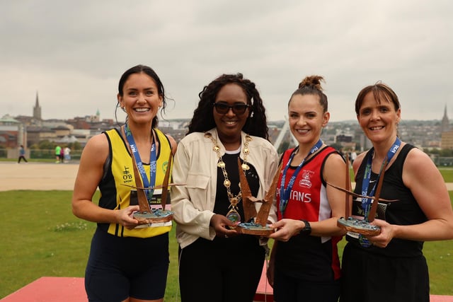 The leading ladies at the Waterside Half Marathon, Judith Storm, Kirsty Downey and Linda McGrath pictured with Mayor of Derry City and Strabane District Council, Councillor Lilian Barr.