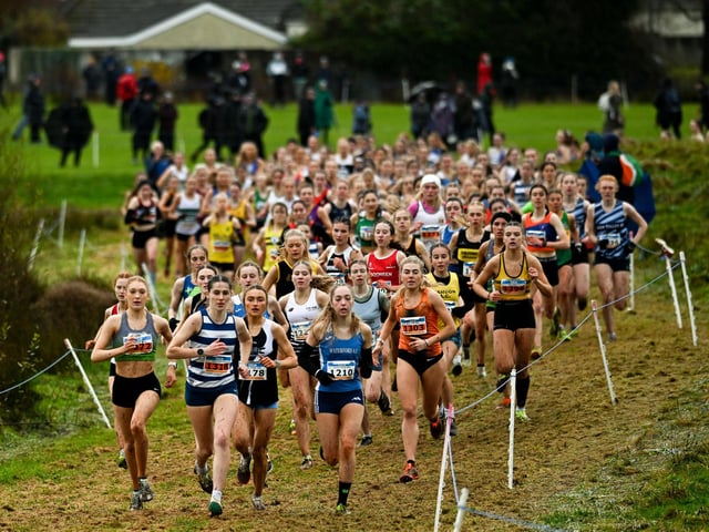 A general view of the under 18 women's 4500m during the 123.ie National Cross Country Championships at Templemore Sports Complex in Derry. Photo by Ramsey Cardy/Sportsfile