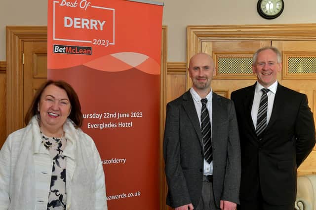 Pictured at the launch of the Best of Derry 2023 Awards in the Guildhall on Wednesday morning are, from left, Sandra Biddle, Foyle School of Speech and Drama, recipient of the 2022 Lifetime Achievement Award, Brendan McDaid, Editor of the Derry Journal and principal sponsor Paul McLean, managing director of BetMcLean. Photo: George Sweeney. DER2308GS – 87