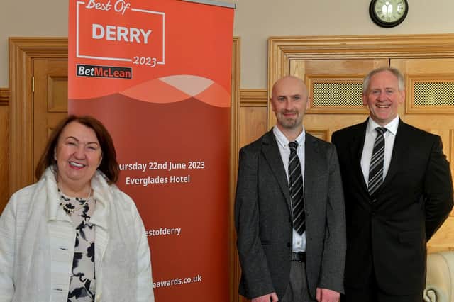 Pictured at the launch of the Best of Derry 2023 Awards in the Guildhall on Wednesday morning are, from left, Sandra Biddle, Foyle School of Speech and Drama, recipient of the 2022 Lifetime Achievement Award, Brendan McDaid, Editor of the Derry Journal and principal sponsor Paul McLean, managing director of BetMcLean. Photo: George Sweeney. DER2308GS – 87