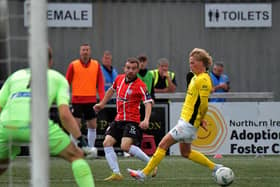 Derry City’s Paul McMullan crosses the ball into the KuPs’ penalty area.  Photo: George Sweeney. DER2330GS -