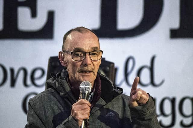 Liam Wray, whose brother Jim who was murdered on Bloody Sunday, speaking at the '˜Black Flag Solidarity Vigil' on Friday evening at Free Derry Wall, in solidarity with the Bloody Sunday families in the wake of the verdict delivered in the trial of Soldier F at Belfast Crown Court on Thursday. Photo: George Sweeney