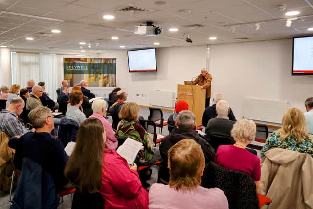 Paul Gosling presenting his latest research as part of the Future Relationship Conversation series at Holywell Trust on Monday night.