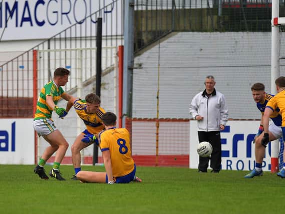 Glenullin ‘s Fearghal Close scores a first half goal against Limavady during the IFC game in Celtic Park on Sunday afternoon. Photo: George Sweeney