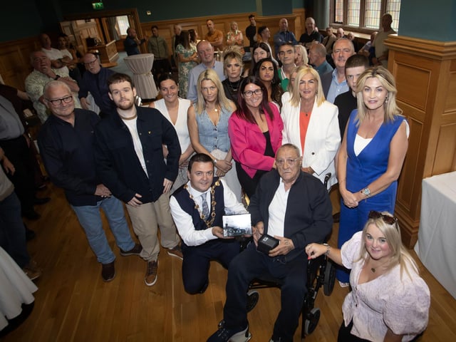 The Mayor, Ruari McHugh making a special presentation to the family of Eamonn 'Bronco' Bradley, during a reception in the Guildhall on Friday evening to mark the Eamonn 'Bronco' Bradley tournament's 40th anniversary. Included in photo is Martin McGilloway, chair and Councillor Sandra Duffy. (Photos: Jim McCafferty Photography) : .