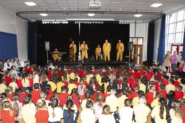 The Jive Aces entertaining the children at Steelstown PS on Thursday last.