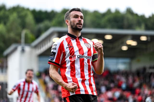 Derry skipper Michael Duffy celebrates after scoring his side's second goal against Shamrock Rovers last Sunday. Photo by Stephen McCarthy/Sportsfile