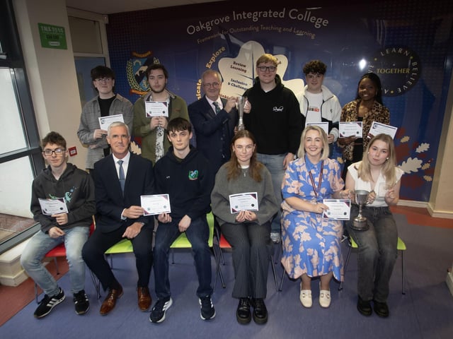 Oakgrove Integrated College Year 14 curriculum award winners pictured with Mr John Harkin, Principal, Mr Colin Donaghey Head of Year and Mrs Kellie-Marie Martin, Vice Principal.
