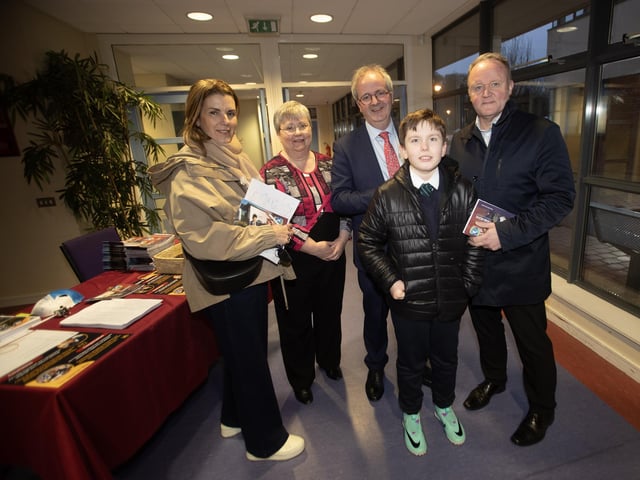 Mr. John Harkin, Principal, Oakgrove Integrated College, pictured with prospective pupils and their parents during Tuesday's Open Day.