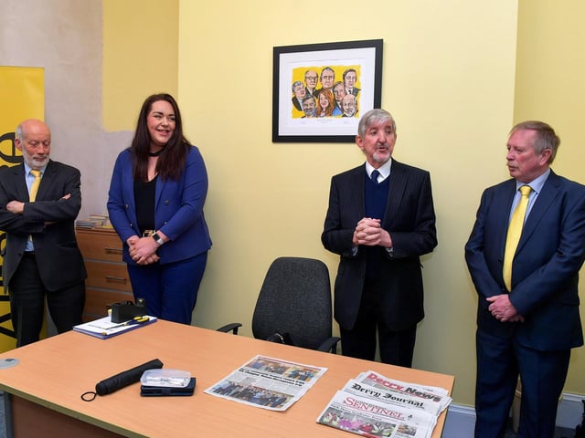David Ford, former leader of the Alliance Party, Colr. Rachael Ferguson, Honorary Secretary of Foyle Association Colm Cavanagh and Colr. Philip McKinney pictured at the official opening of the party’s new constituency offices at 1 Dacre Terrace, Carlisle Circus, Derry, on Wednesday morning.  Photo: George Sweeney.  DER2313GS – 26