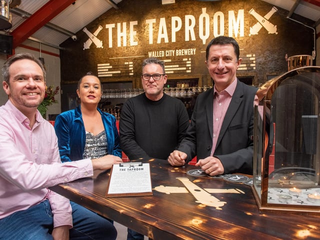 James and Louise Huey, owners of The Taproom at the Walled City Brewery with Kenny Farquharson, from the Times and Sunday Times and David Roberts, Director of Strategic Development at Tourism Northern Ireland. Picture Martin McKeown. 21.10.22