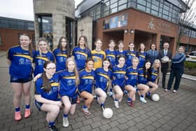 Mr. Brendan McGinn, Principal, St. Mary's College, wishing the school's u-16 GAA team all the best for Friday's final against Sperrin Integrated College (Magherafelt) in the u-16 Ulster Development Shield Final to be played at Owenbeg with throw-in at 11am. Included is Colleen Magee, coach and Jennifer O'Connell-Martin, Head of PE Department. St. Mary's hope to go one better this year having been beaten at the final hurdle last year, though they did lift the trophy in 2019. (Photo: Jim McCafferty Photography)
