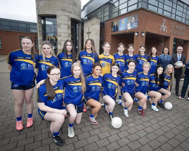 Mr. Brendan McGinn, Principal, St. Mary's College, wishing the school's u-16 GAA team all the best for Friday's final against Sperrin Integrated College (Magherafelt) in the u-16 Ulster Development Shield Final to be played at Owenbeg with throw-in at 11am. Included is Colleen Magee, coach and Jennifer O'Connell-Martin, Head of PE Department. St. Mary's hope to go one better this year having been beaten at the final hurdle last year, though they did lift the trophy in 2019. (Photo: Jim McCafferty Photography)