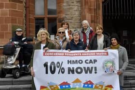 Dave Duggan (on left) as Concerned Residents Around Magee (CRAM) gathered in Guildhall Square prior to attending a meeting of the DCSDC Planning meeting. Photo: George Sweeney