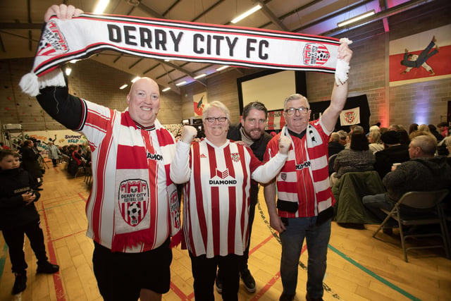 WHO'S YER MAN?!. . . . Derry City manager Ruaidhri Higgins 'photobombs' this photo of cast members Brian Hasson, Maureen Wilkinson and Spasie McGilloway on Tuesday night.