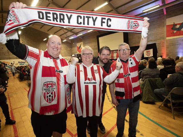 WHO'S YER MAN?!. . . . Derry City manager Ruaidhri Higgins 'photobombs' this photo of cast members Brian Hasson, Maureen Wilkinson and Spasie McGilloway on Tuesday night.