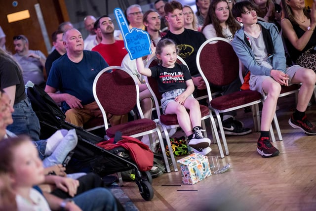 'Beware the Stare' warns this young fan at Saturday's Foyle Rumble at the City Hotel. Photographs by Stephen Latimer.