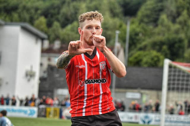 Jamie McGonigle celebrates scoring Derry City's second goal against Drogheda United at the Brandywell this evening. Photo: George Sweeney