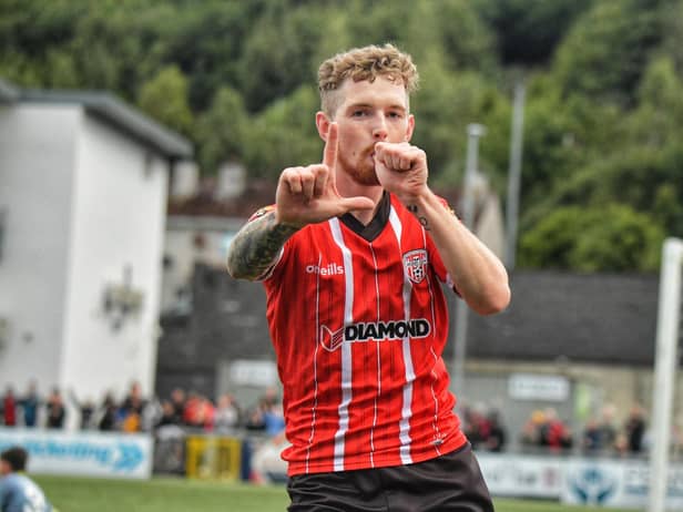 Jamie McGonigle celebrates scoring Derry City's second goal against Drogheda United at the Brandywell this evening. Photo: George Sweeney