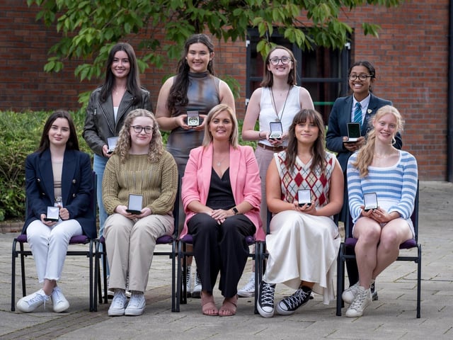 Top Performing Students at A2 Level pictured at Thornhill College's senior prizegiving. 
Front Row: Ella McCrea, Orlaith McCorriston, Ms C. Barr (Head of Year), Sadie Sturgeon, Sophie Parlour, 
Back Row: Caitlin Coyle-Deeney, Roise O'Murchu, Hannah Quigley, Benita Biju (represented by her sister Jovita)