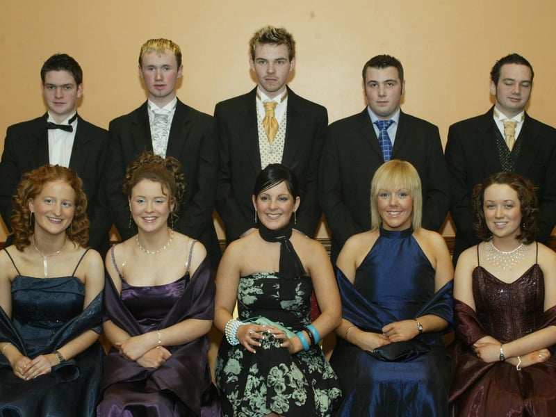 Nicola Dooher, Charlene Doherty, Tina Browne, Edel McLaughlin and Caoimhe Harvey with partners Sean O'Kane, Marc Tracey, Kevin McLaughlin, Johnny Fitzpatrick and Aaron McDevitt.  (0203JB34):Attendees enjoying the Thornhill College formal in April 2004.