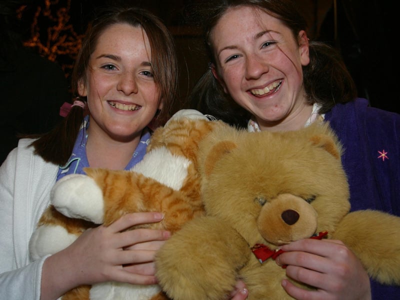 Feeney bed buddies Suzanne and Francesca O'Kane complete with teddys.  (0311JB17):20 YEARS ON: Halloween celebrations in Derry in 2003