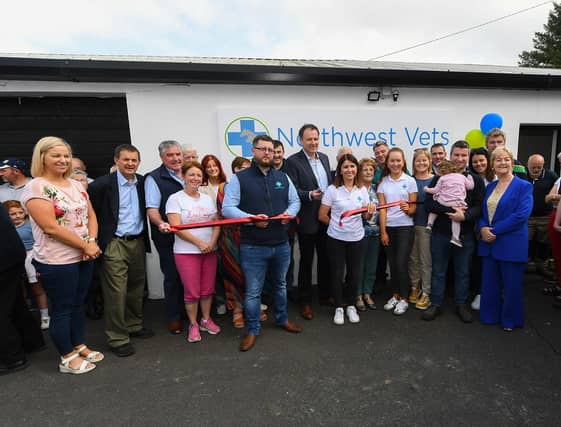 Charlie McConalogue, Minister for Agriculture, (centre) officially opening Northwest Vets at Moness, Burt, during their open day on Saturday afternoon. Photo: George Sweeney