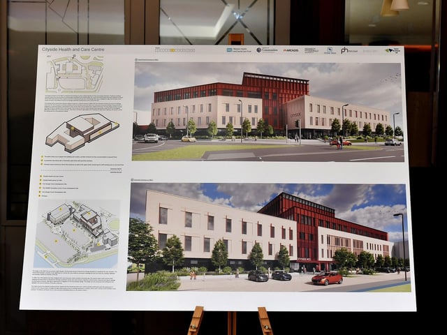 Project designs for the WHSCT’s development proposal for a Cityside Health and Care Centre, at the former Fort George site, displayed at an public Consultation Event held in Da Vinci’s Hotel. Photo: George Sweeney