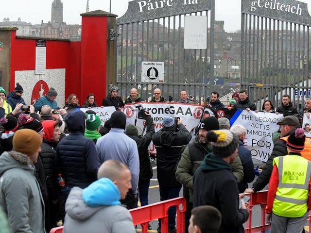 Relatives and supporters march from Free Derry Wall to Celtic Park, on Sunday afternoon, to protest against the British Government’s Legacy Bill’s lack of investigation into the deaths of Sean Brown and Patrick Kelly. Photo: George Sweeney