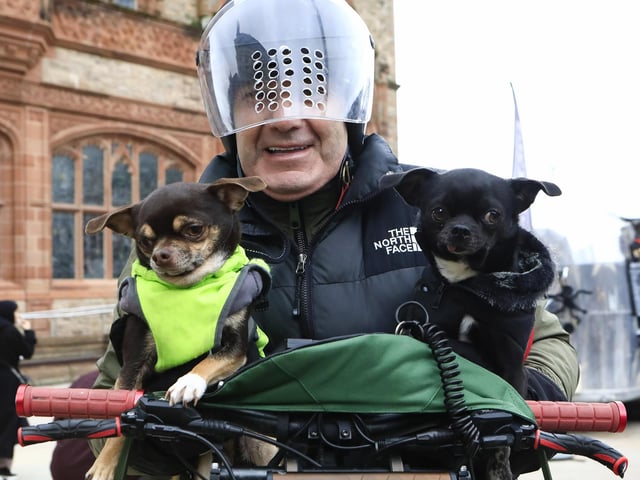 Luke Coyle with his pooches on the 40th anniversary of the Halloween celebrations. (Photo - Tom Heaney, nwpresspics)