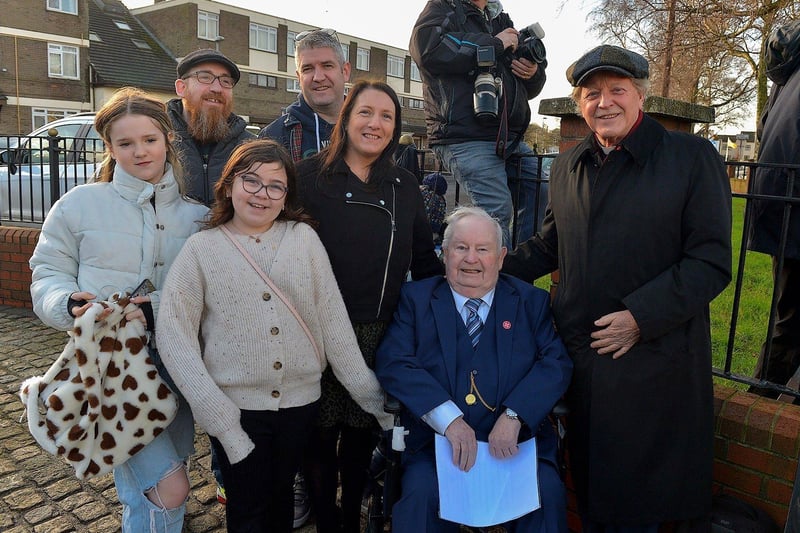 The Rev Dr David Latimer pictured with former Order of Malta volunteer Hugh Deehan and members of his family at the Annual Bloody Sunday Remembrance Service held at the monument in Rossville Street on Sunday morning. Photo: George Sweeney. DER2306GS – 9