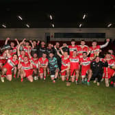 Derry hurlers celebrate their Division 2 Final win over Tyrone in Owenbeg. Photo: George Sweeney