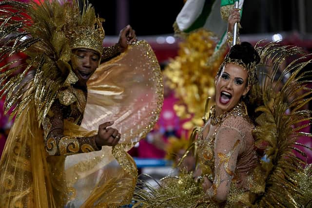 Members of the Mocidade Independente de Padre Miguel samba school perform during the first night of Rio's Carnival parade at the Sambadrome Marques de Sapucai in Rio de Janeiro on February 19, 2023. (Photo by MAURO PIMENTEL / MAURO PIMENTEL / AFP) (Photo by MAURO PIMENTEL/MAURO PIMENTEL/AFP via Getty Images)