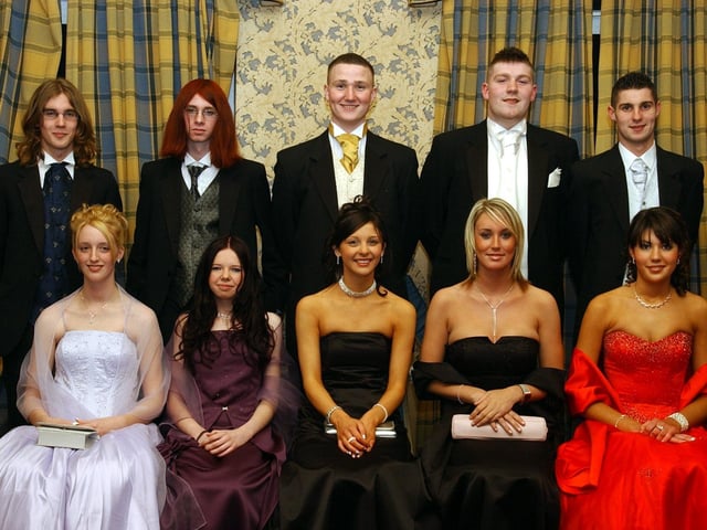 Seated, from left, are Danielle Curran, Caoimhe Tracey, Michaela McClean, Emma Ferry and Nicole McGowan. Standing, from left, are Jim O'Donnell, Darren McFeely, Aaron McGowan, Gary McDonnell and Paul McCafferty. (1611C02) : Students and their guests pictured at the St Columb's College formal back in November 2004.