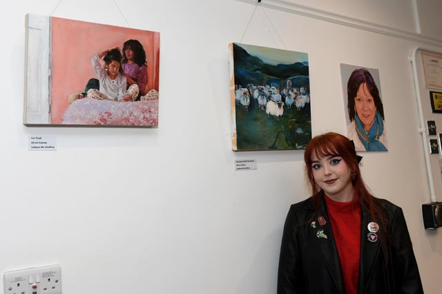 Artist Colleen Mc Sheffrey, a past pupil if St Cecilia’s College, pictured alongside some of her work at the launch of the International Women’s Day 2024 Art Exhibition at Eden Arts Place, Pilot’s Row on Thursday afternoon last.  Photo: George Sweeney