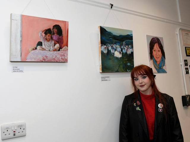 Artist Colleen Mc Sheffrey, a past pupil if St Cecilia’s College, pictured alongside some of her work at the launch of the International Women’s Day 2024 Art Exhibition at Eden Arts Place, Pilot’s Row on Thursday afternoon last.  Photo: George Sweeney