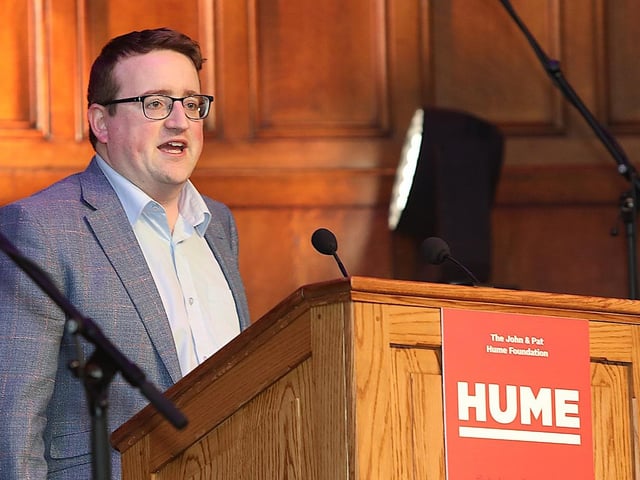 David Trimble's son Nicholas addressing the 'Make Hope and History Rhyme' event.