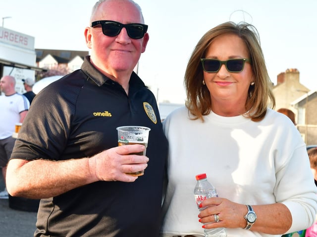 Derry City director Peter Wallace and his wife soaking up the atmosphere ahead of kick-off at Celtic Park. Photo by Kevin Morrison.