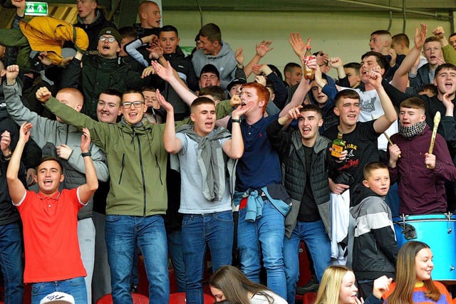 Supporters celebrate Derry City’s win over Treaty United, in the Extra.ie FAI Cup semi-final on Sunday. Picture by George Sweeney. DER2241GS – 036