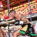 Connor Coyle lands a jab to the body during his points victory over Kyle Lomotey at Oakwell Stadium, Barnsley. Photograph by Dean/BOXXER.