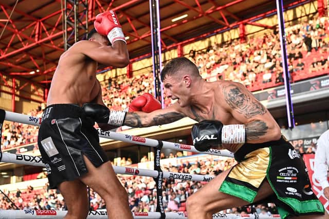 Connor Coyle lands a jab to the body during his points victory over Kyle Lomotey at Oakwell Stadium, Barnsley. Photograph by Dean/BOXXER.