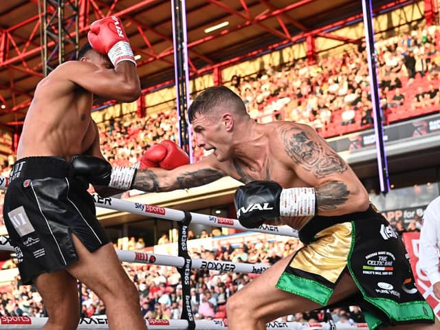 Connor Coyle lands a jab to the body during his points victory over Kyle Lomotey at Oakwell Stadium, Barnsley. Photograph by Dean/BOXXER.