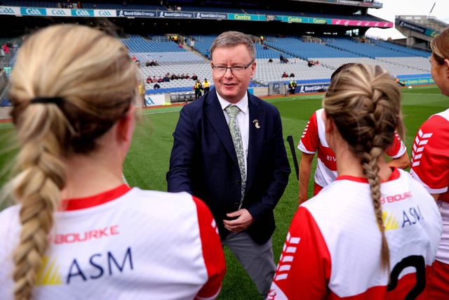 Uachtarán Brian Molloy meets the Derry players ahead of Sunday's Very Camogie League Division 2A Final in Croke Park. (Photo: INPHO/Ryan Byrne)
