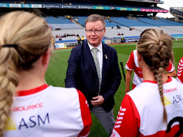 Uachtarán Brian Molloy meets the Derry players ahead of Sunday's Very Camogie League Division 2A Final in Croke Park. (Photo: INPHO/Ryan Byrne)