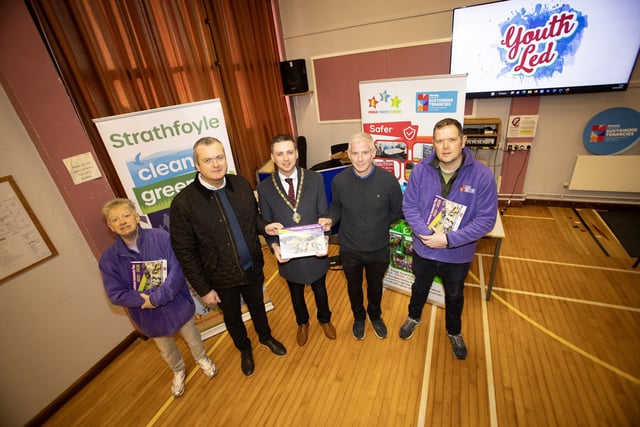 The Deputy Mayor of Derry City and Strabane District Council, Jason Barr pictured at the launch of the Strathfoyle Village Plan at the Strathfoyle Teachers Training Centre on Thursday morning. Included from left are Michelle Hayden, Enagh Youth Forum, Ken Bresline, NIHE, Fergal O'Donnell, Insight Solutions and Paul Hughes, Enagh Youth Forum.


